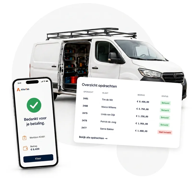 Bestelbus van een vakbedrijf met daarnaast een telefoon met de bevestiging van een betaling en het opdrachtenoverzicht van ProConnectR met betaalde en openstaande bedragen.